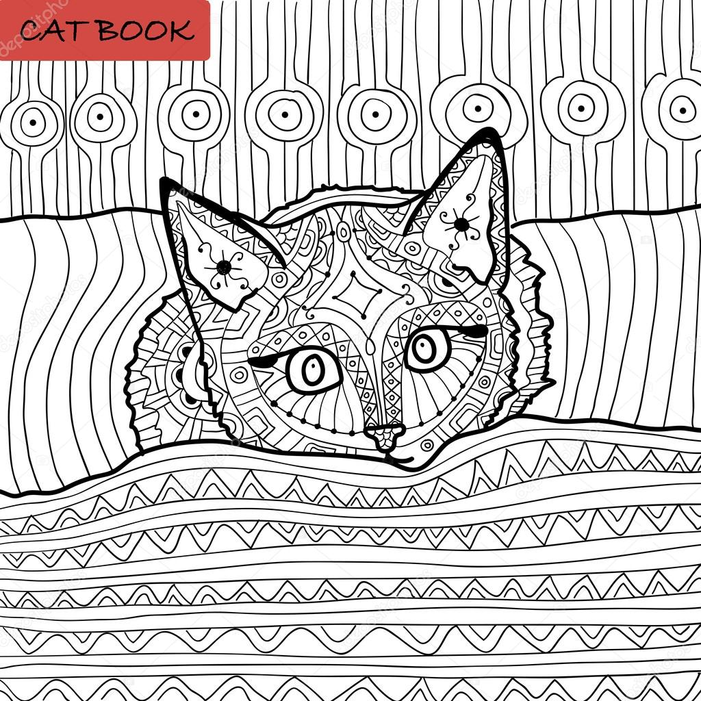 coloring book for adults - zentangle cat book, the kitten on the bed, vector
