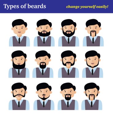 The flat cartoon character set, types of beards, vector illustration man clipart