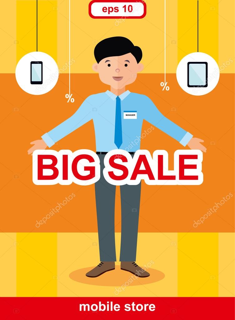 Flat design concept of mobile store, big sale of mobile phones and smartphones