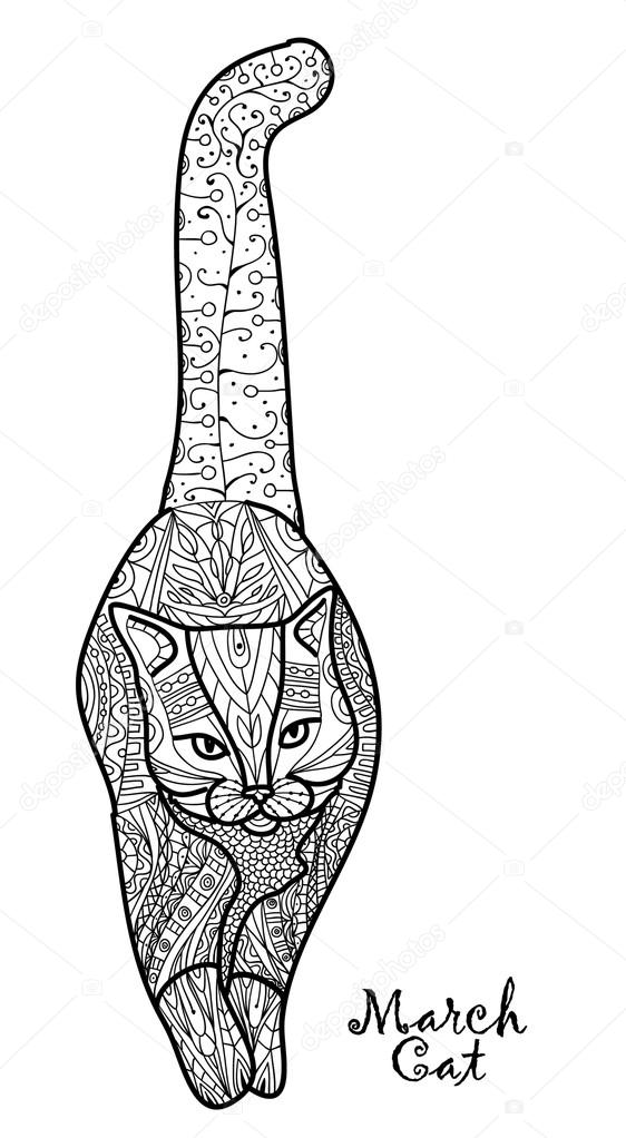 Adult antistress coloring illustration.The march cat. Painted the cat black and white image. Hand drawn doodle.