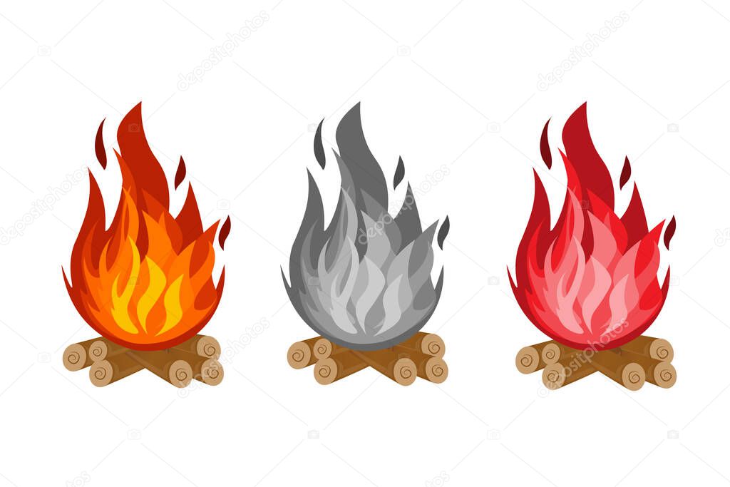 Red, Black and Orange Fire Flames on Wood or Campfire. Vector illustration is made on white background.