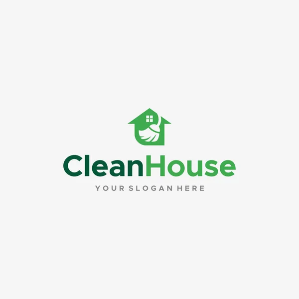 Flache CleanHouse Besen Haus Fenster Logo-Design — Stockvektor