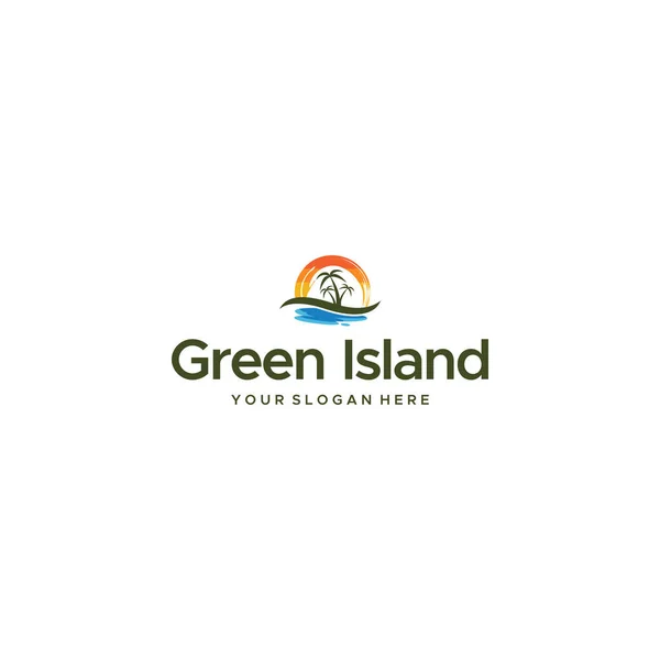 Moderne Insel Sonnenuntergang Strand Wellen Baum Logo-Design — Stockvektor