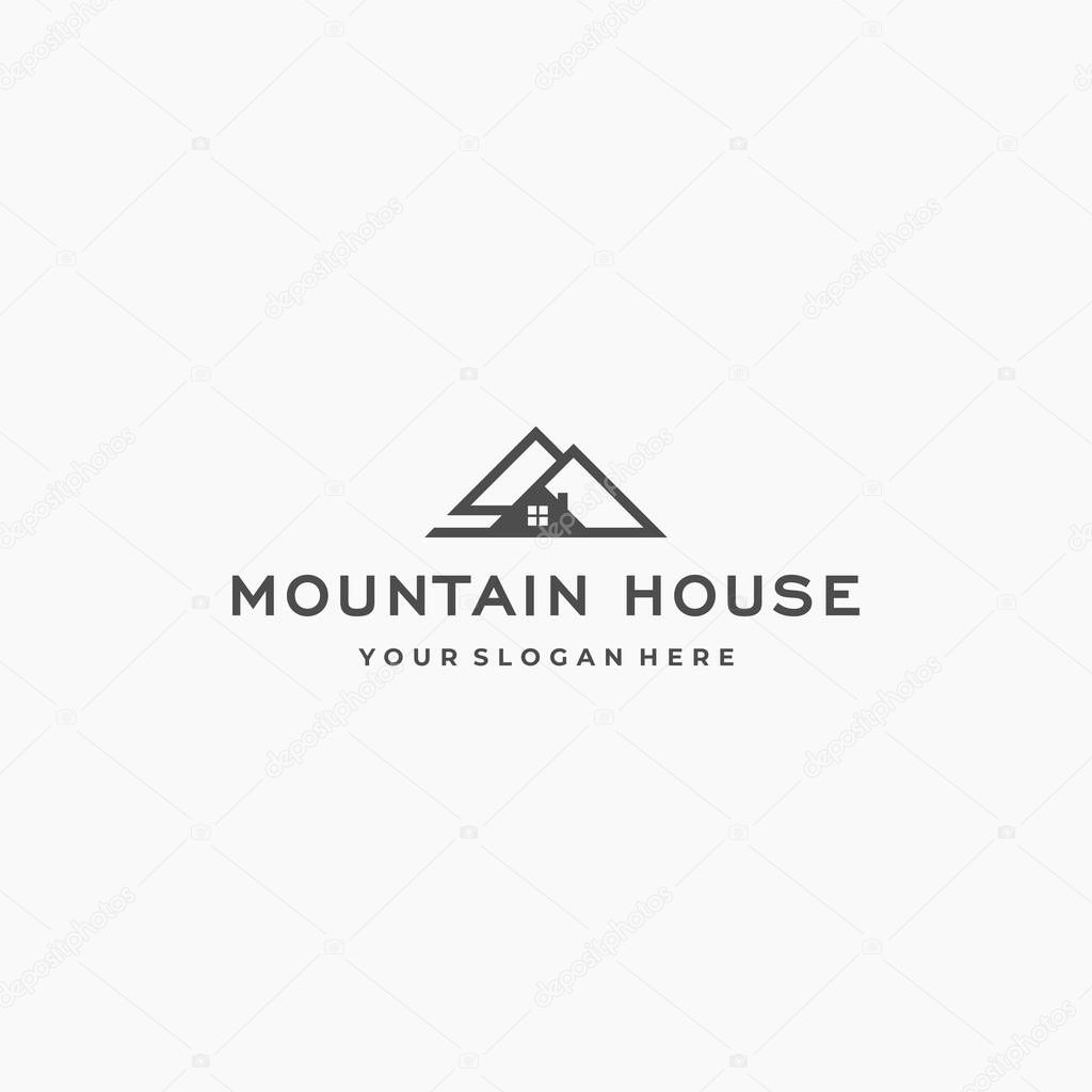 Flat MOUNTAIN HOUSE peak home chimney Logo design Vector illustration Suitable for very quiet hotel at the foot of the mountains