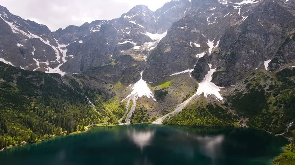 Jezioro Podnóża Wielkiej Góry Śniegu Lasu Skał — Zdjęcie stockowe