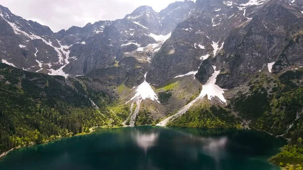Jezioro Podnóża Wielkiej Góry Śniegu Lasu Skał — Zdjęcie stockowe