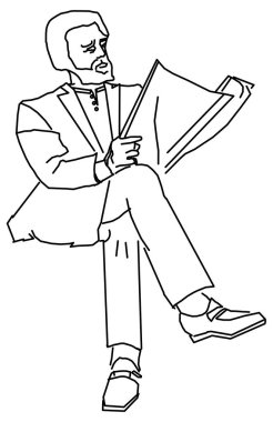 Otururken gazete okuyan bir kişinin çiziminin vektör tasarımı