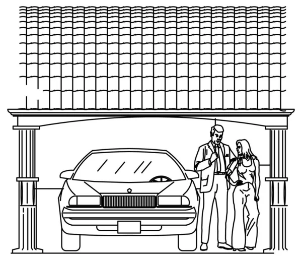 Desenho Design Vetorial Uma Garagem Carro Casal Lado Carro — Vetor de Stock