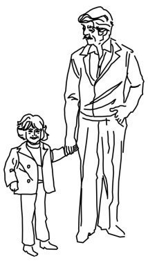 Büyükbabanın torununu yürüyüşe çıkardığı bir çizimin vektör tasarımı.