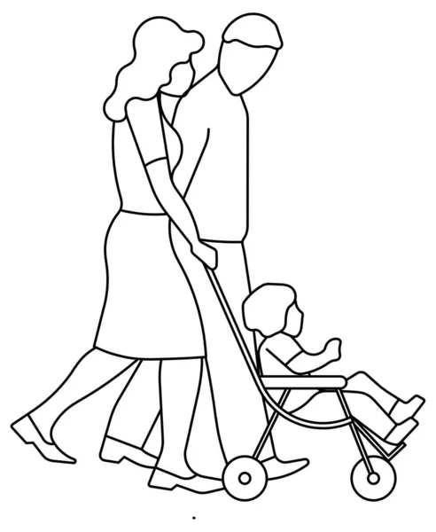 Diseño Vectorial Del Boceto Esposo Una Esposa Llevando Hijo Cochecito — Vector de stock