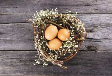 Koyu arka plan karşı çiçeklerle süslenmiş yuvadaki yumurta