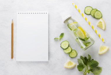 Salatalık, limon ve beyaz zemin üzerine naneli limonata. SP