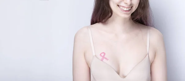 World Breast Cancer Day Concept Inglés Mujer Sujetador Con Cinta —  Fotos de Stock