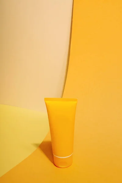 Orange Tube Sunscreen Orange Background Sun Protection Copy Space — Fotografia de Stock
