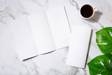 Model menü veya broşür restoranı veya kahve dükkanı menüsü, kahve fincanı, mermer arka planda bitkiler. Uzayı kopyala Üst görünüm