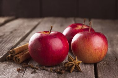 Elma, tarçın, anisetree koyu ahşap arka plan üzerinde