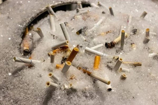 雪に覆われた骨壷の中にタバコの吸い殻の山 — ストック写真