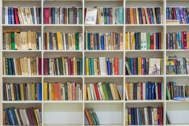 Raflarda bir sürü kağıt kitap var.