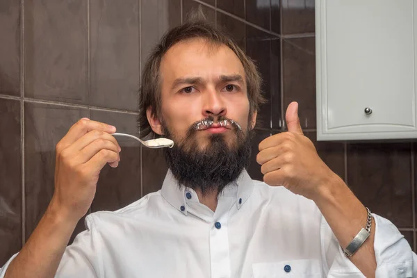 Cozinheiro Tentou Nata Azeda Bigode Unta Tem Gosto Posterior — Fotografia de Stock