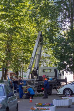Dalları ve ağaçları budamak için servis. İşçiler kavak ve diğer ağaçların dallarını kesip çıkarıyorlar..