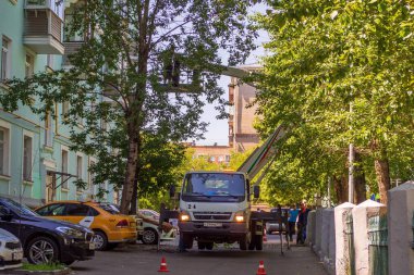 Dalları ve ağaçları budamak için servis. İşçiler kavak ve diğer ağaçların dallarını kesip çıkarıyorlar..