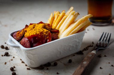 Patates kızartmalı kıvırcık sosis mermer masada beyaz kasede..