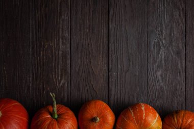 Tahta masanın üstünde beş balkabağı. Boşluğu kopyala.