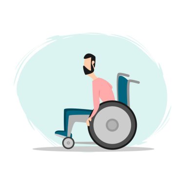 Tekerlekli sandalyede oturan adam. Vektör çizimi düz tasarım. Hasta ya da sakat. Minimalist kavram.