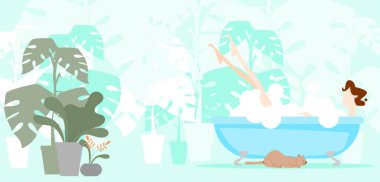 Kadın banyoda, etrafı ağaçlarla çevrili bir şekilde banyo yapıyor. Düz tasarım vektör çizimi