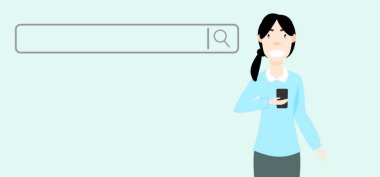 İnternet kullanarak bilgi aranıyor. İnternette sörf yap. Bir kadın bilgi aramak için akıllı telefon kullanıyor. Vektör illüstrasyonu