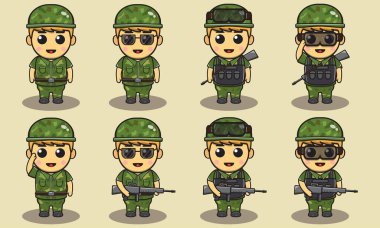 Bir grup asker. Şirin ordu çizgi filmi. düz çizgi film karakteri tasarımı. Askerler izole vektör illüstrasyonu.