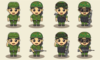 Asker kılığındaki kızların vektör çizimleri. Silah tutan sevimli bayan bir asker. Güzel ordu seti. Sevimli düz çizgi film tarzı.