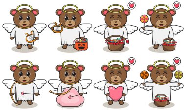 Melek kostümlü Sevimli Ayı Çizgi Filmi. Simge, etiket, etiket, klip için iyi. Vektör illüstrasyonu.