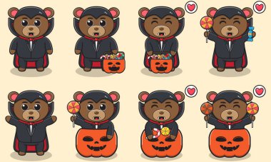 Cadılar bayramı kostümlü şirin bir Ayı Çizgi Filmi. Simge, etiket, etiket, klip için iyi. Vektör illüstrasyonu.