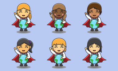 Dünyayla birlikte küçük, sevimli bir kadın doktor kahramanın vektör çizimleri. Sevimli çocuk doktor seti. Doktor gibi giyinmiş gülümseyen küçük kız..