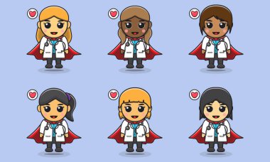 Küçük sevimli bayan doktor kahramanın vektör çizimleri. Sevimli çocuk doktor seti. Doktor gibi giyinmiş gülümseyen küçük kız..