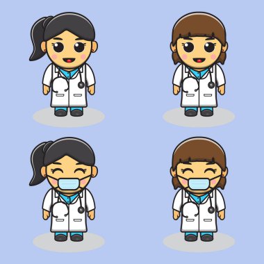 Şirin küçük bayan doktor. Sevimli çocuk doktor seti. vektör çizimleri.