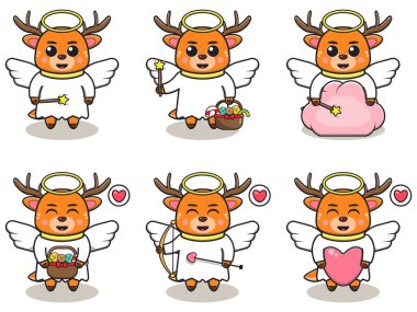 Melek kostümlü şirin geyiğin temsili çizimi. Geyik karakter vektör tasarımı. Etiket, etiket, klip için iyi.