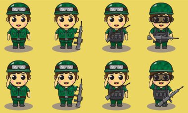 Asker kılığındaki küçük çocuğun vektör çizimleri. Küçük şirin asker elinde silah tutuyor. Güzel ordu seti. Sevimli düz çizgi film tarzı.