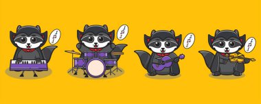 Sevimli Rakun Çizgi Filmi bir müzik enstrümanı çalıyor. Drakula kostümlü rakun cadılar bayramı seti. Simge, etiket, etiket, klip için iyi. Vektör illüstrasyonu.