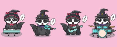 Sevimli Rakun Çizgi Filmi bir müzik enstrümanı çalıyor. Cadılar Bayramı kostümü giymiş bir rakun. Simge, etiket, etiket, klip için iyi. Vektör illüstrasyonu.