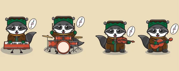 Söt Karaktär Cartoon Raccoon Spela Ett Musikinstrument Tvättbjörn Med Kostym — Stock vektor