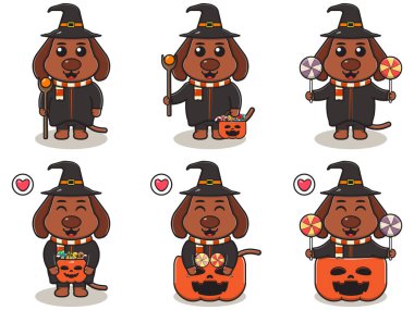 Büyücü kostümlü şirin köpeğin vektör çizimi. Köpek karakteri tasarımı. Etiket, etiket, klip için iyi.