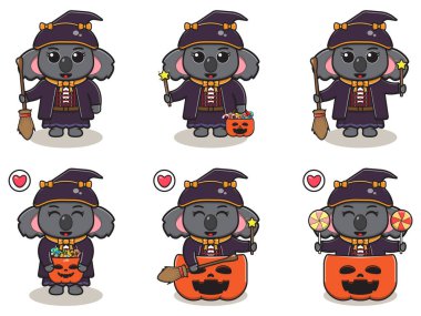 Cadı kostümlü şirin Koala 'nın vektör çizimi. Koala karakter vektör tasarımı. Etiket, etiket, klip için iyi.