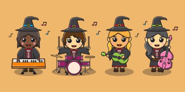 Cadı kostümlü şirin kızların müzik enstrümanı çaldığı vektör çizimi. Cadılar Bayramı cadı koleksiyonu. Farklı şirin cadıların koleksiyonu..