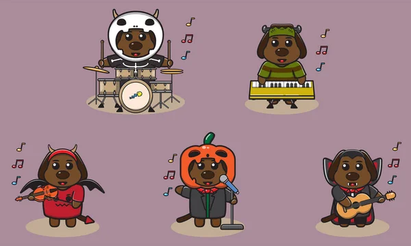 Vektor Illustration Hund Halloween Hund Med Kostym Spela Ett Musikinstrument — Stock vektor