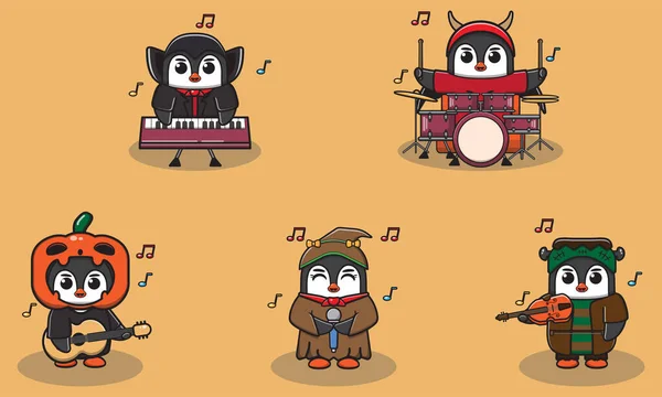 Vektor Illustration Pingvin Halloween Penguin Med Kostym Spela Ett Musikinstrument — Stock vektor