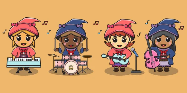 Ilustración Vectorial Chicas Místicas Tocando Instrumento Musical Chicas Mágicas Lindas — Vector de stock