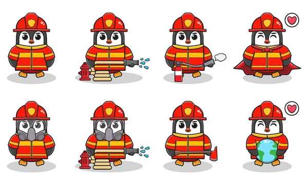 Vektor Illustration Von Pinguin Feuerwehrleuten Eingestellt Berufsfeuerwehrmann Mit Flachem Design — Stockvektor