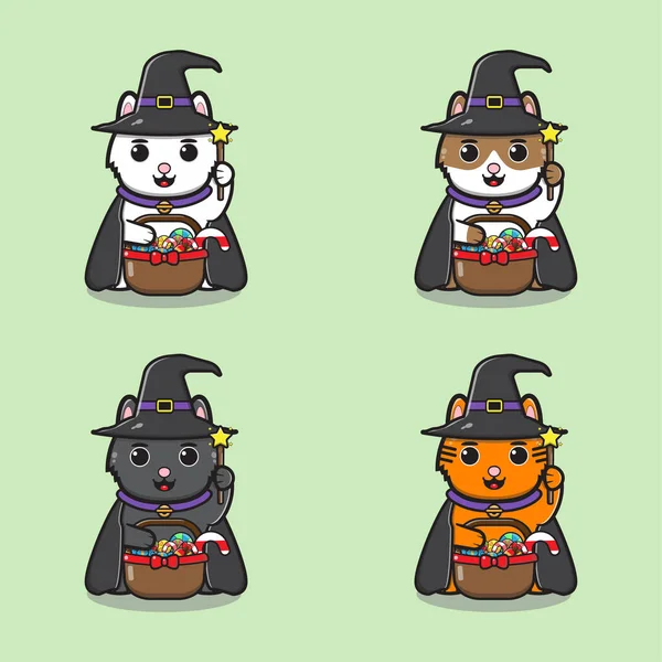 图片说明可爱的日本幸运猫与女巫Hallobetween服装持有糖果篮 Maneki Neko 幸运猫的角色矢量设计 可爱的猫图解向量 — 图库矢量图片